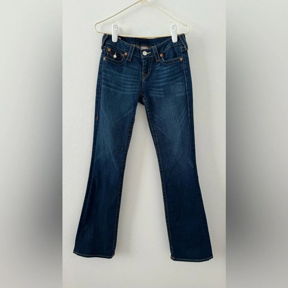 True Religion Becky Flap Horseshoe Pocket Jeans Dark Wash Bootcut Size 28 - Picture 1 of 12